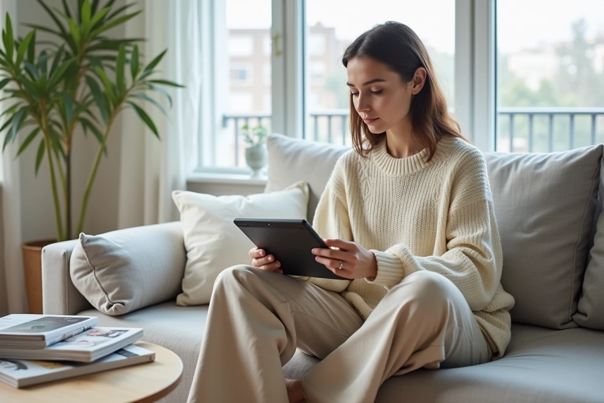 Jeune femme élégante parcourant des tendances mode sur une tablette dans un salon minimaliste, parfaite illustration des astuces shopping en ligne