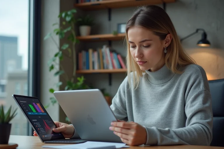 Femme consultant les dernières tendances numériques sur une tablette dans un bureau moderne