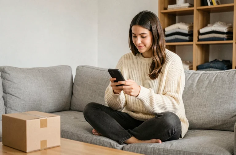 Jeune femme consultant l'application Vinted sur son smartphone pour profiter des frais de port gratuit en tant que nouvelle inscrite