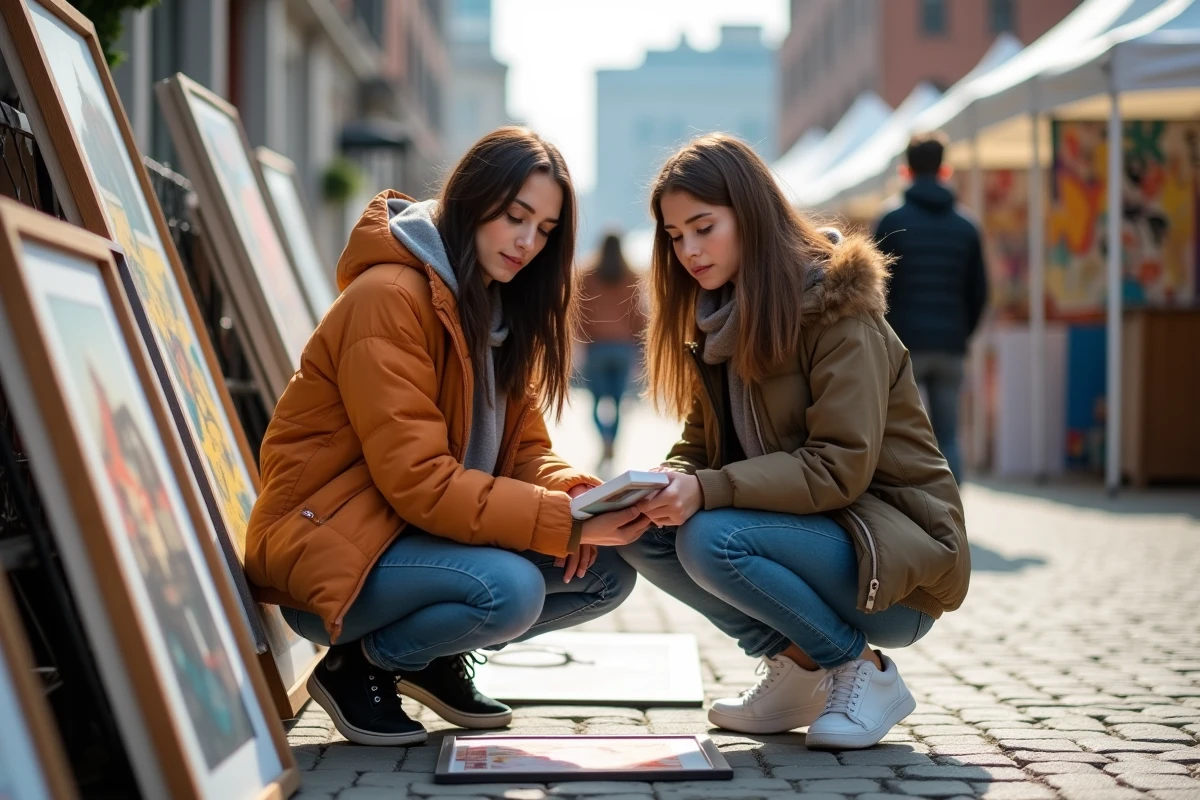 Deux jeunes adultes découvrant des œuvres originales encadrées lors d'une foire d'art contemporain en plein air