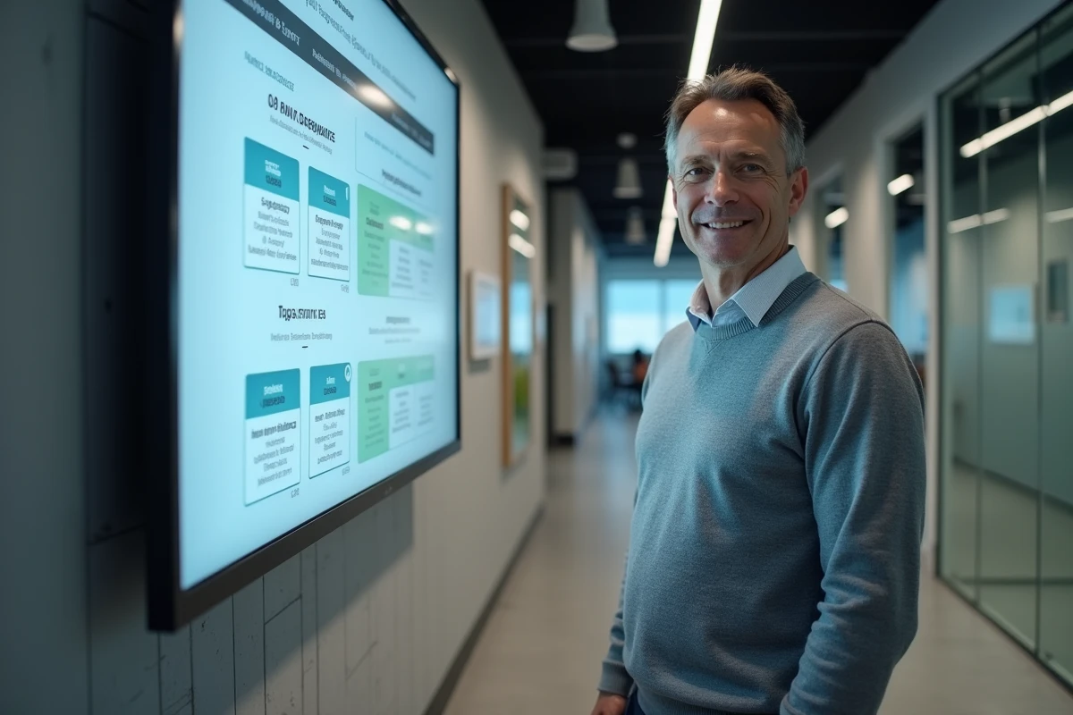 Formateur consultant un plan de navigation de site web affiché sur un écran mural dans un centre de formation