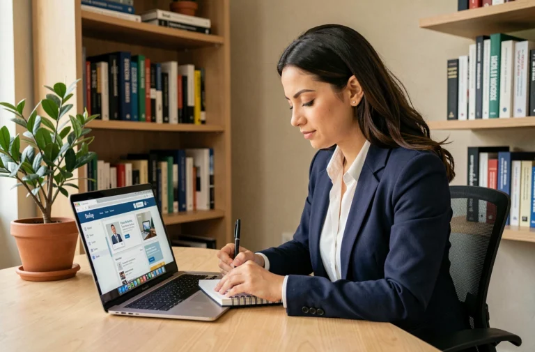 Femme entrepreneur suivant une formation professionnelle en business en ligne depuis son bureau à domicile