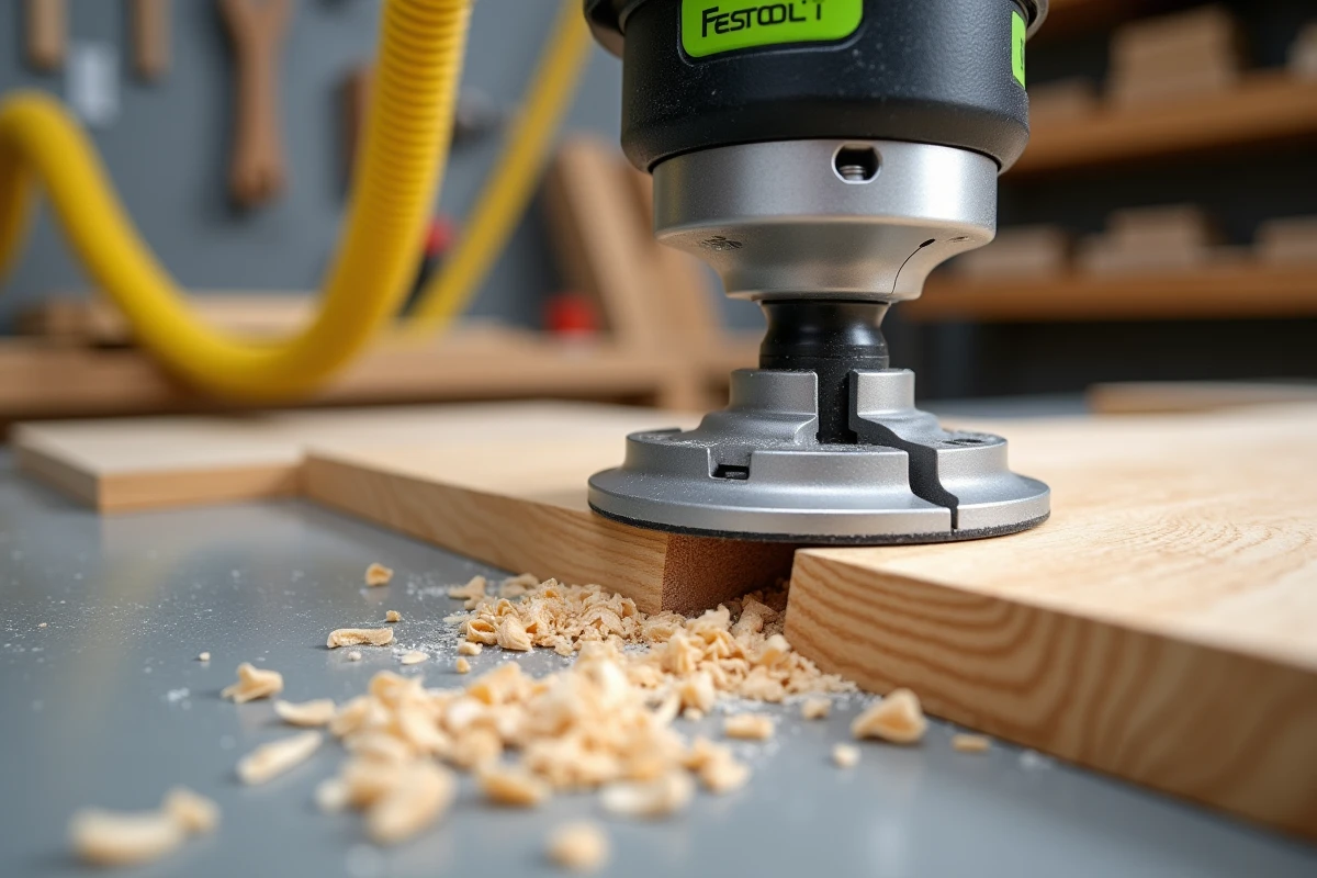 Gros plan sur une fraise d'affleureuse Festool taillant une rainure précise dans un panneau de chêne