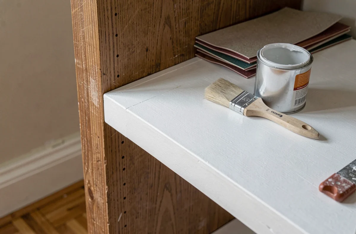 Gros plan sur un meuble en bois à moitié rénové avec de la peinture V33 blanche mate, pinceau et pot de peinture posés sur le parquet