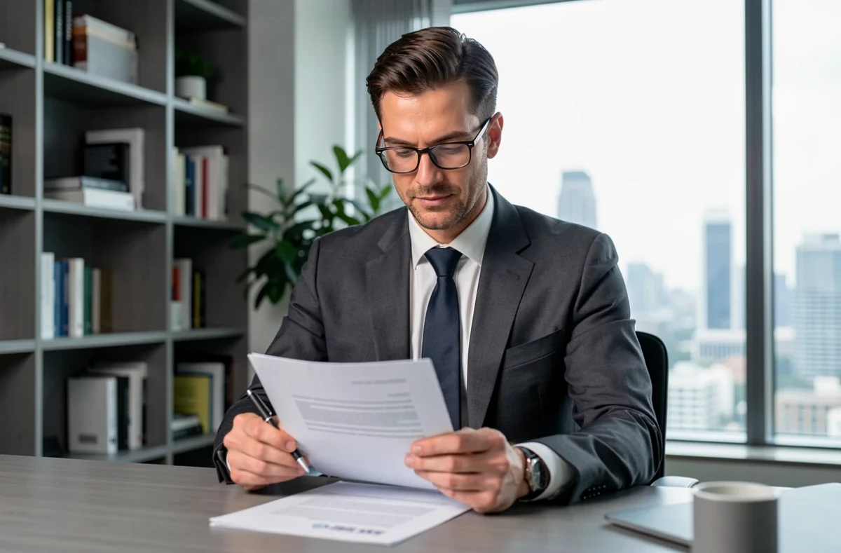 Homme d'affaires analysant un contrat de prêt immobilier dans un bureau moderne