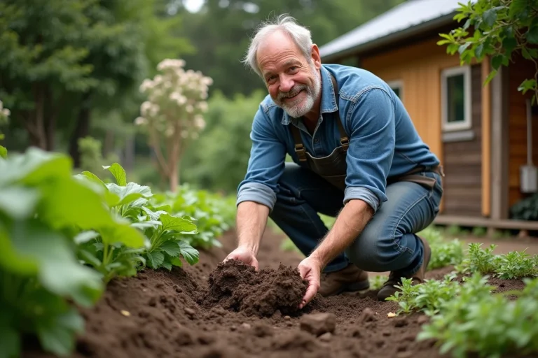 Homme d'âge moyen étalant du compost dans un jardin