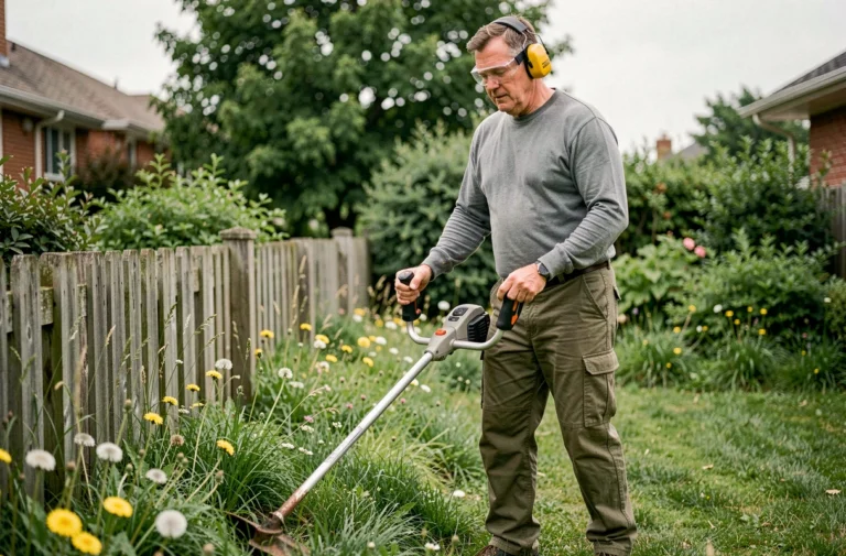 Homme utilisant une débroussailleuse thermique pour entretenir les bordures d'un jardin en été