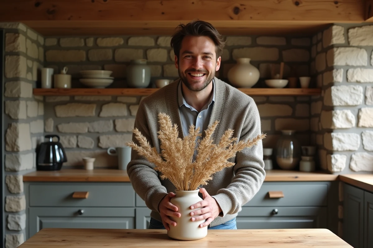 Homme arrangeant des fleurs séchées sur une table de cuisine