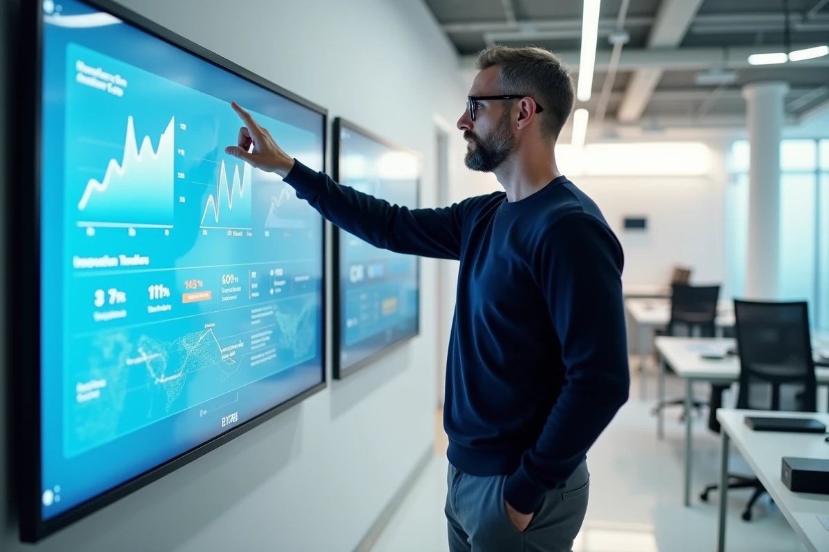 Homme présentant des innovations technologiques sur un écran interactif dans un laboratoire d'entreprise