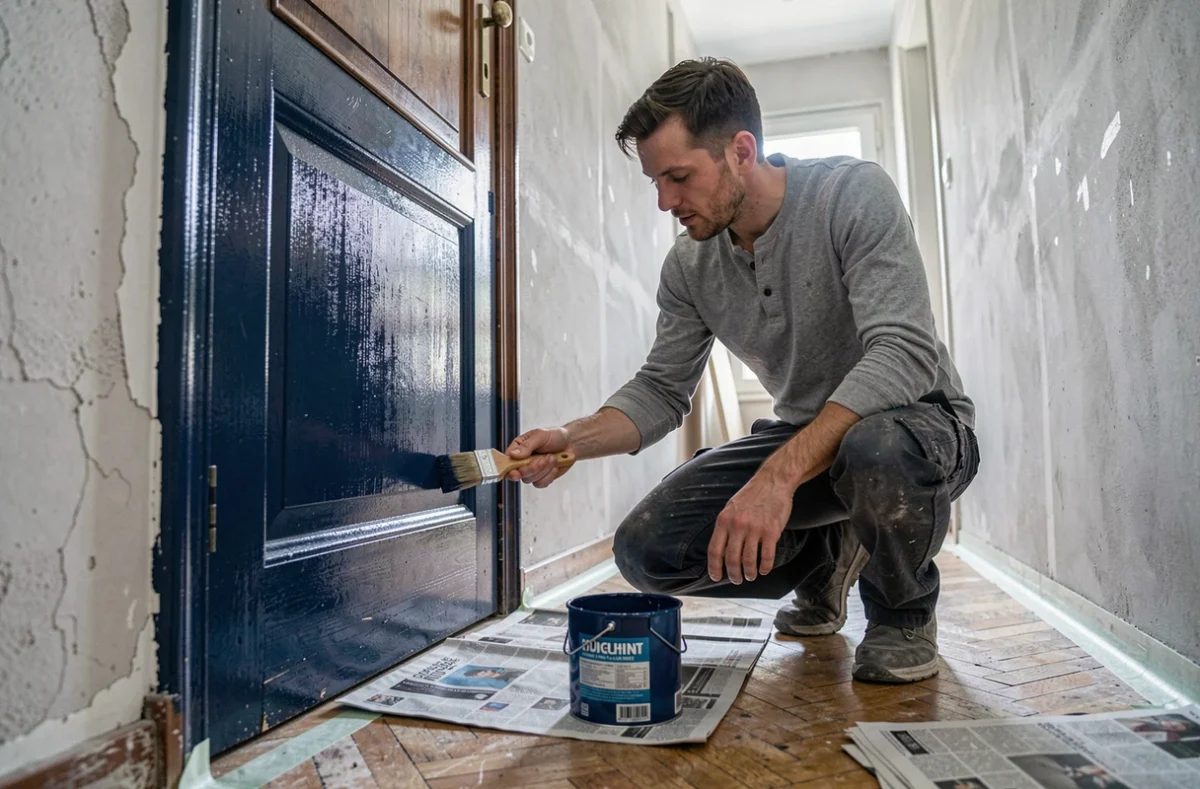 Homme appliquant de la peinture V33 rénovation sur une porte intérieure en bois dans un couloir d'appartement en cours de rénovation