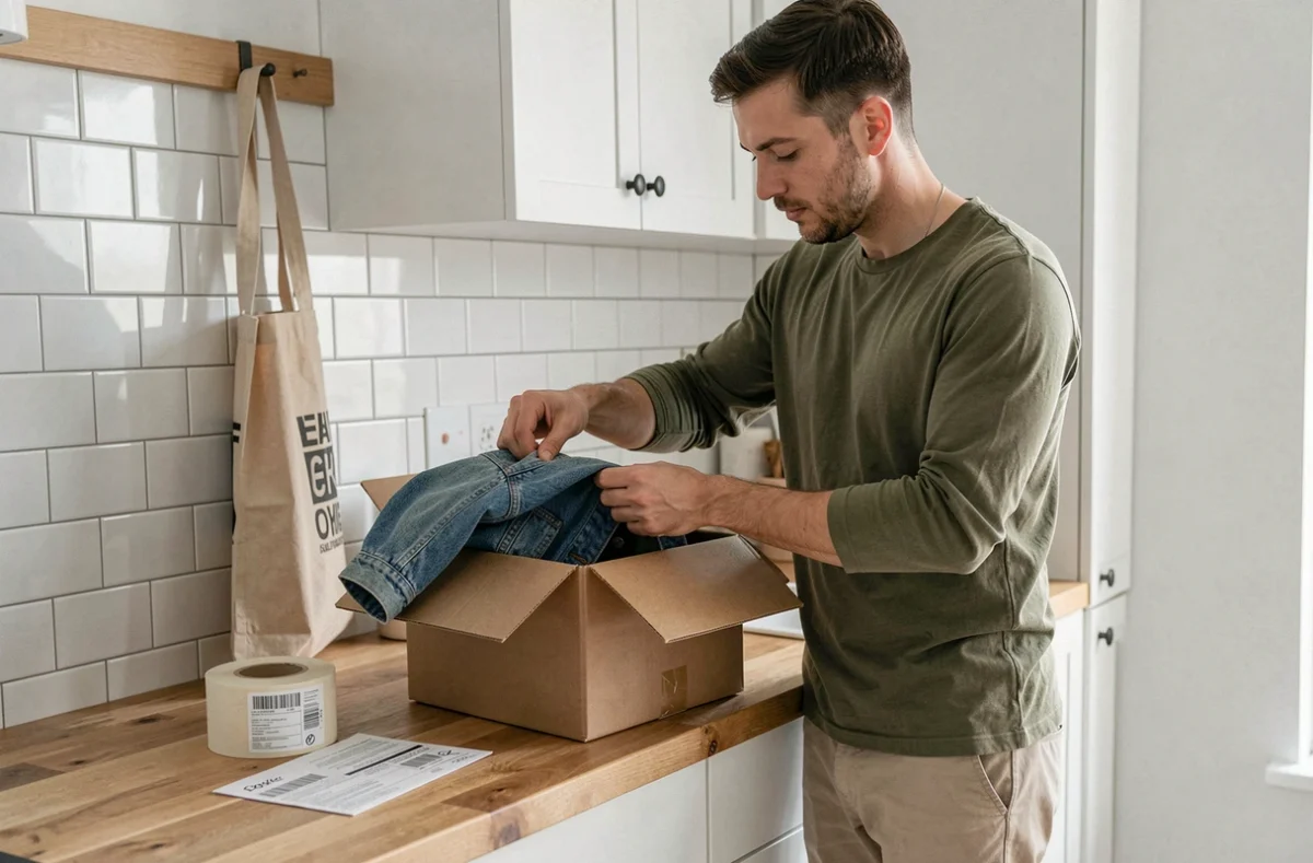 Homme préparant un colis Vinted avec étiquette d'envoi gratuit pour une vente en ligne de vêtements d'occasion
