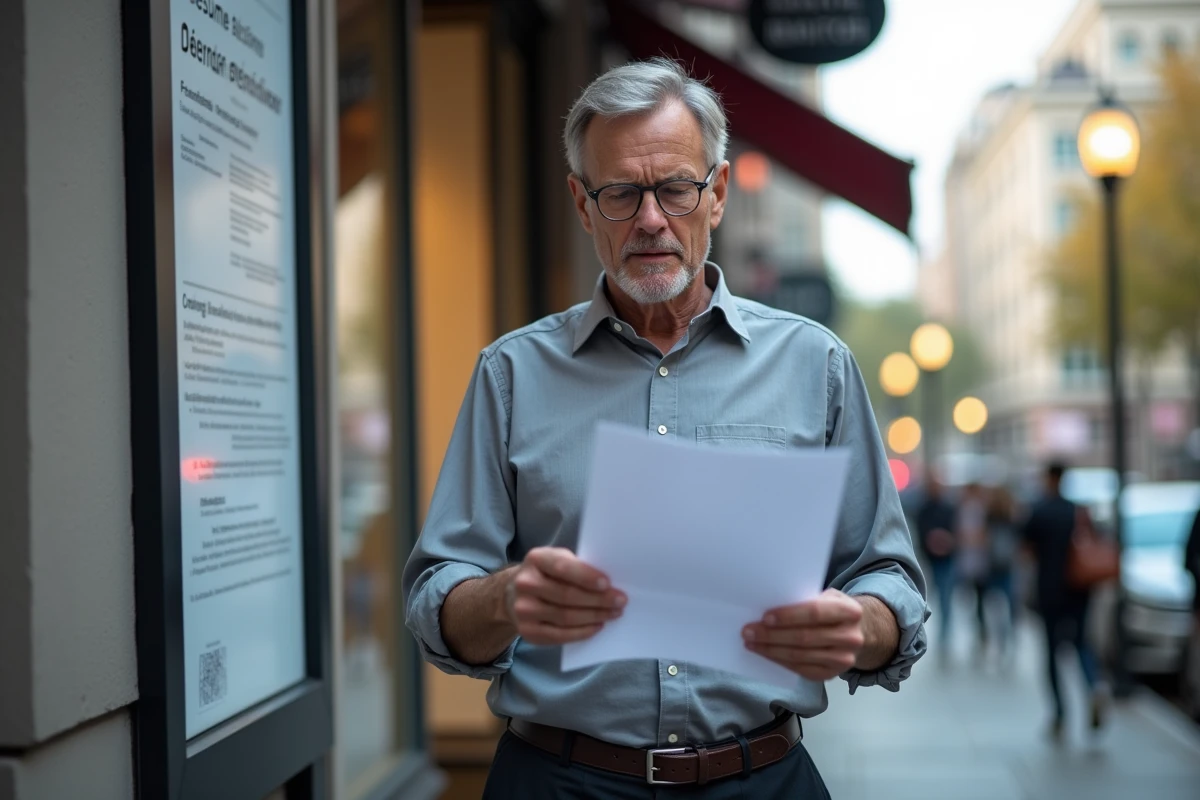 Homme examinant son CV dans la rue urbaine