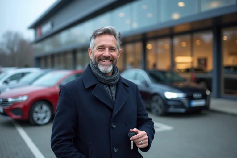 Homme souriant tenant les clés d'une voiture neuve devant un concessionnaire