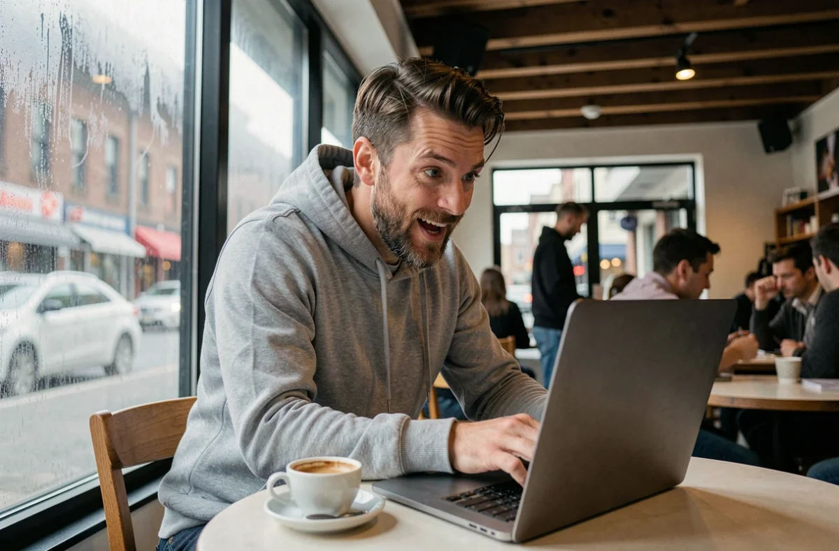 Homme surpris découvrant une actualité insolite sur son ordinateur portable dans un café urbain animé