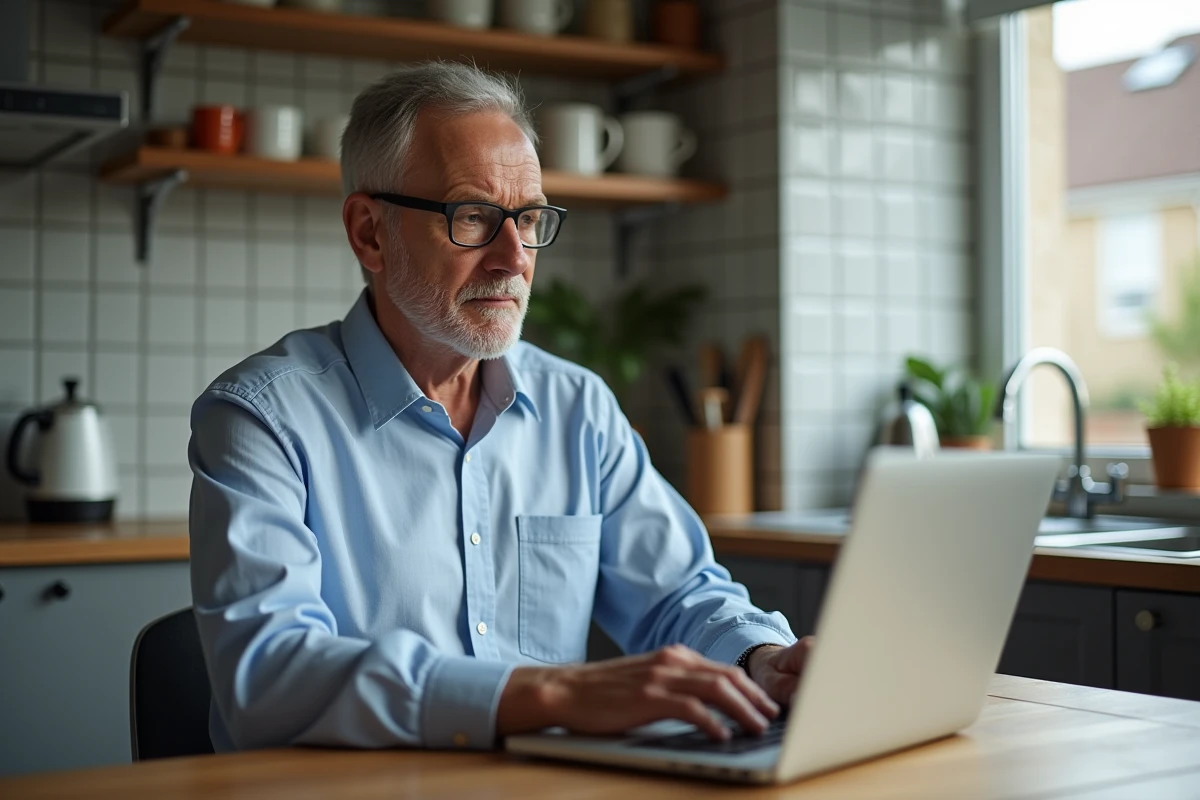 Homme travaillant sur son ordinateur dans la cuisine