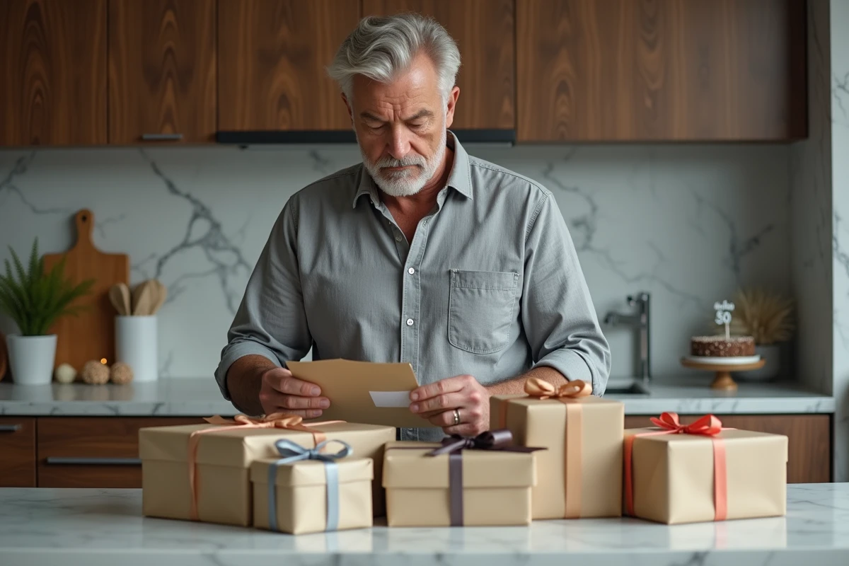 Homme de 50 ans examinant plusieurs cadeaux et enveloppes posés sur un comptoir de cuisine lors d'un anniversaire