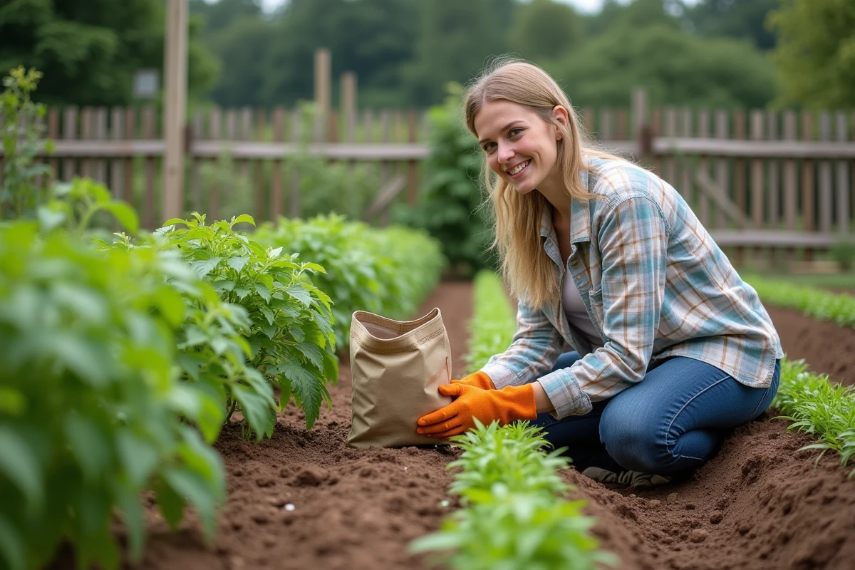 Jeune femme plantant des tomates dans le jardin
