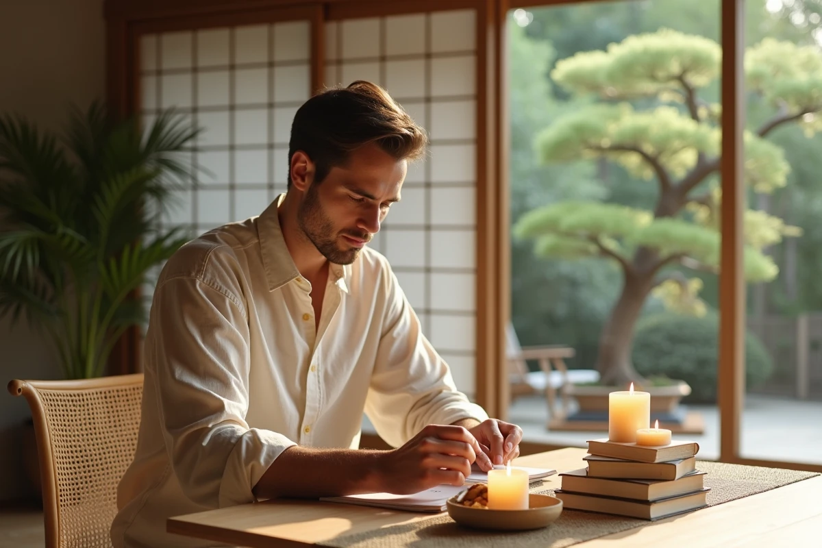 Jeune homme arrangeant des bougies dans un espace japonais lumineux