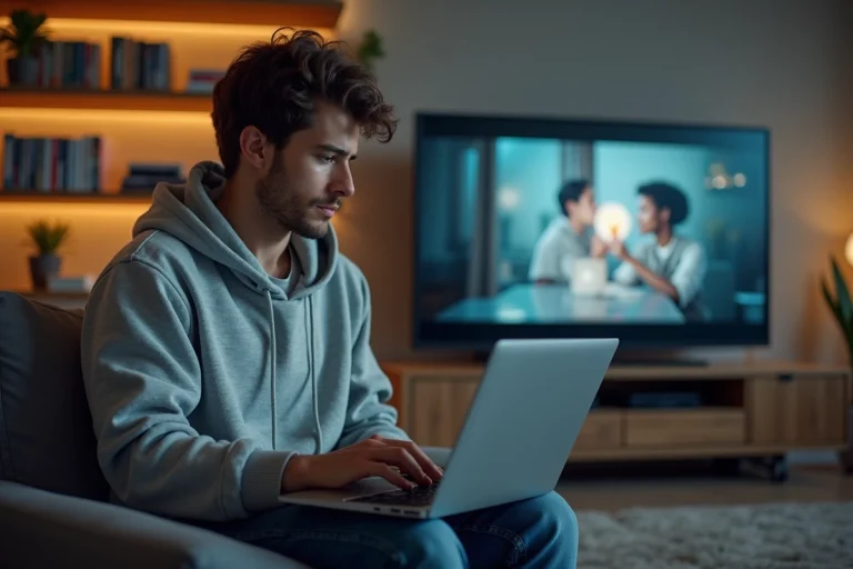Jeune homme en hoodie regarde la TV dans un salon moderne