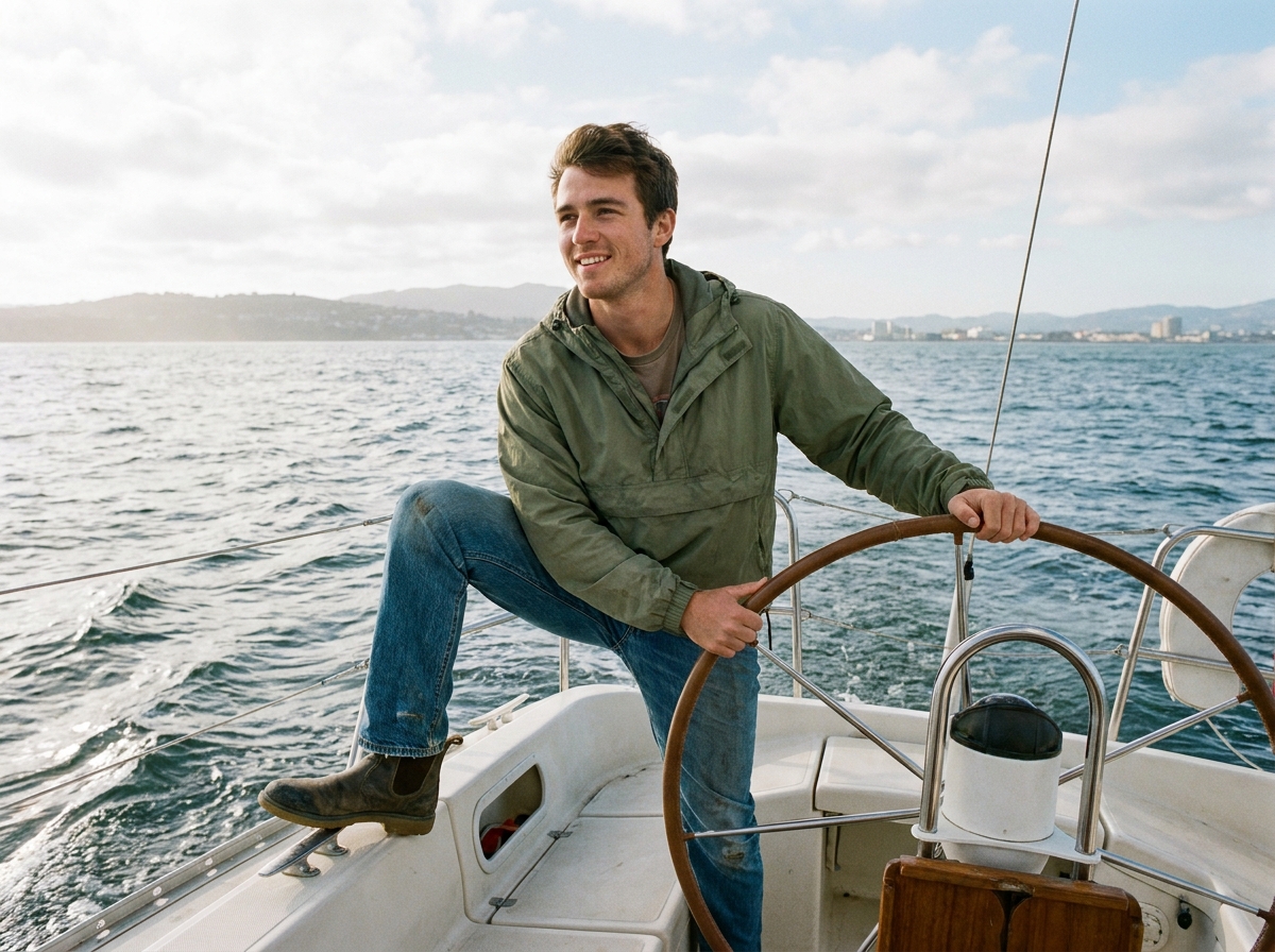 Jeune homme en windbreaker à la proue d’un yacht