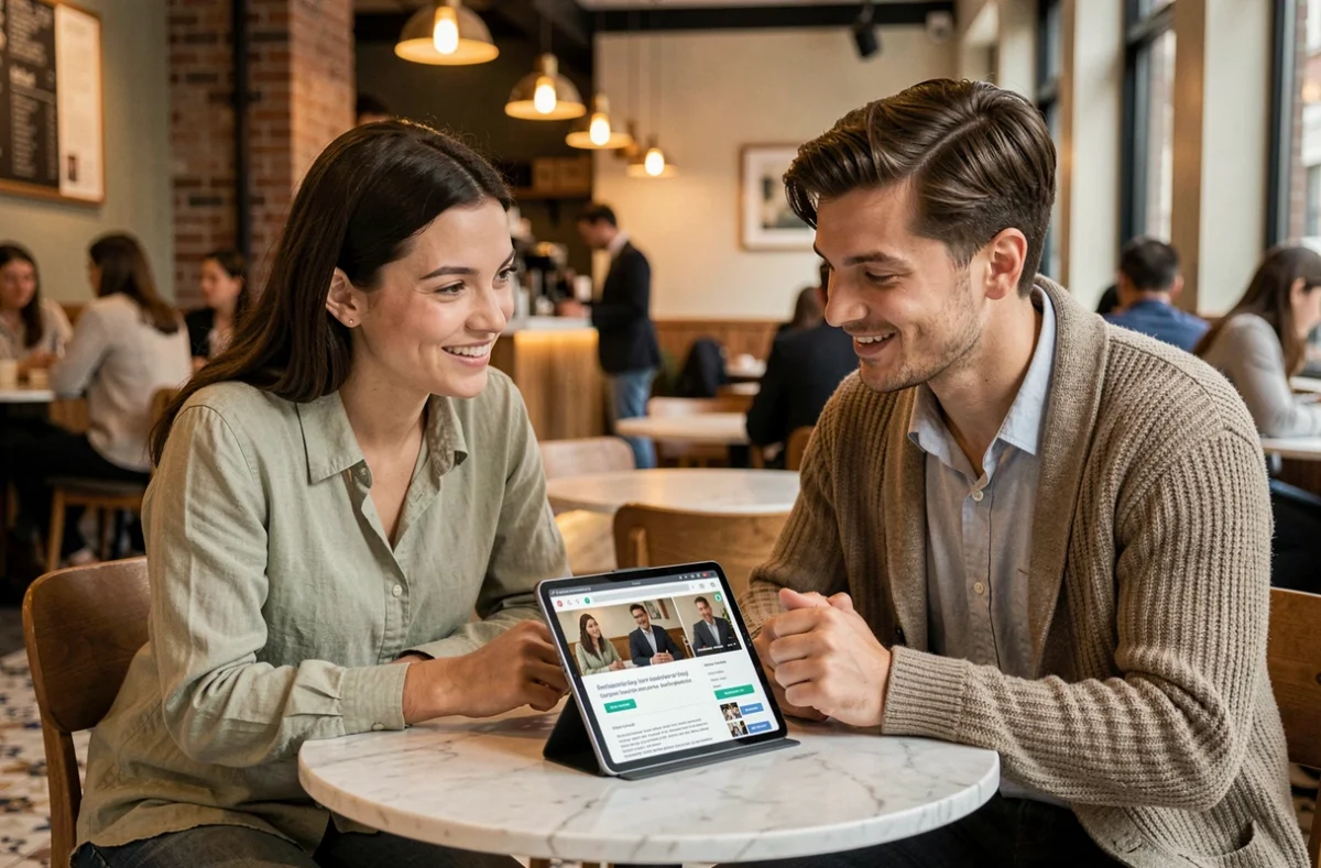 Deux jeunes entrepreneurs discutant d'une formation en business en ligne autour d'une tablette dans un café