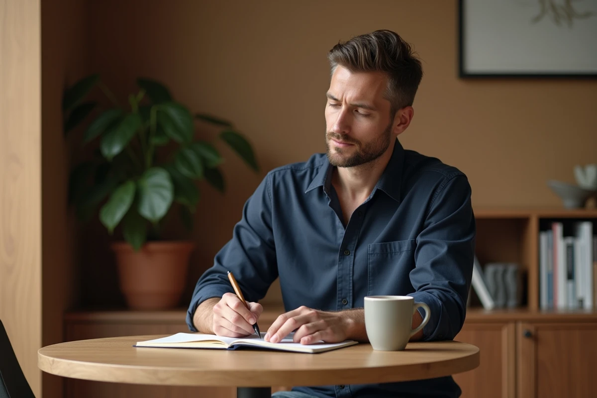 Manager homme écrivant dans un journal de bien-être dans un espace de pause d'entreprise lors d'un atelier de santé mentale