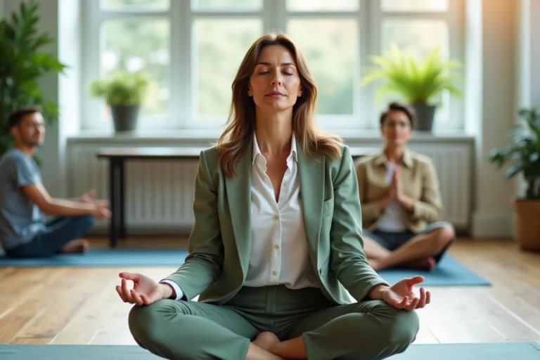 Manager femme pratiquant la méditation lors d'un atelier bien-être en entreprise dans une salle de réunion aménagée