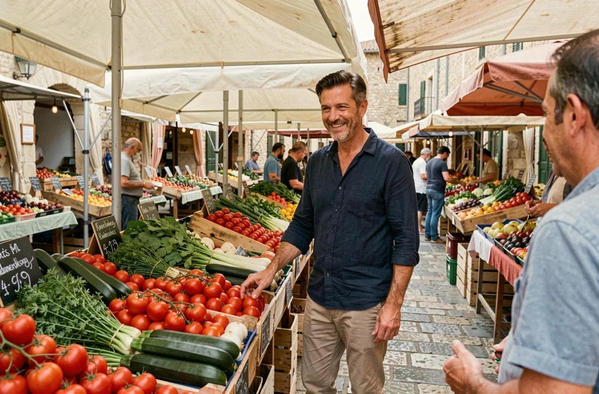 Homme français choisissant des légumes frais au marché provençal pour adopter une alimentation saine et améliorer son bien-être
