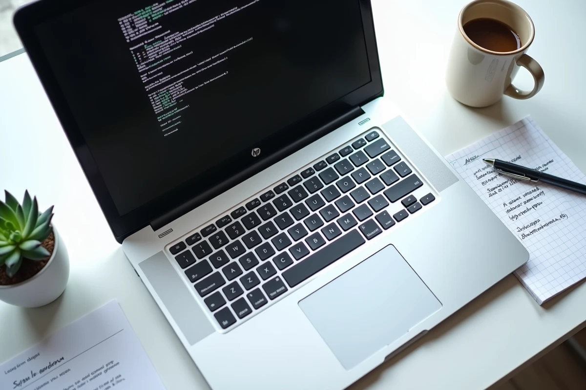 Vue rapprochée d'un écran HP affichant les options Legacy Support et Secure Boot dans le menu UEFI avec guide imprimé