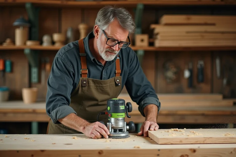 Menuisier utilisant une affleureuse Festool sur un établi en bois dans un atelier artisanal