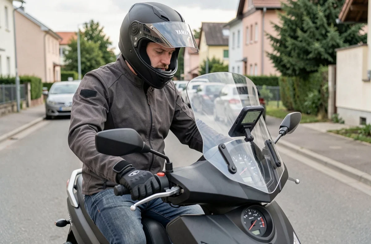 Motard sur un Yamaha Xmax 125 comparant la vitesse affichée au compteur avec celle indiquée par son GPS