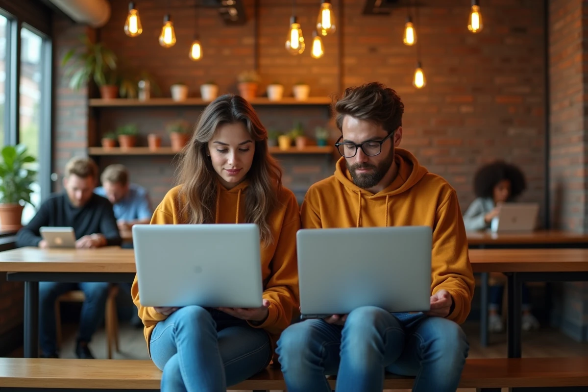 Deux jeunes professionnels consultant des tendances numériques sur leurs ordinateurs dans un café co-working