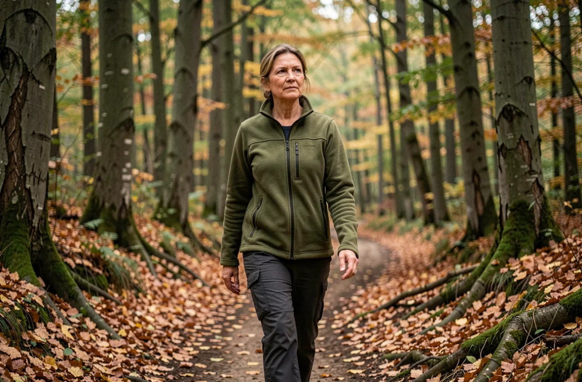 Femme se promenant sur un sentier forestier en France pour profiter des bienfaits de la nature sur le bien-être quotidien