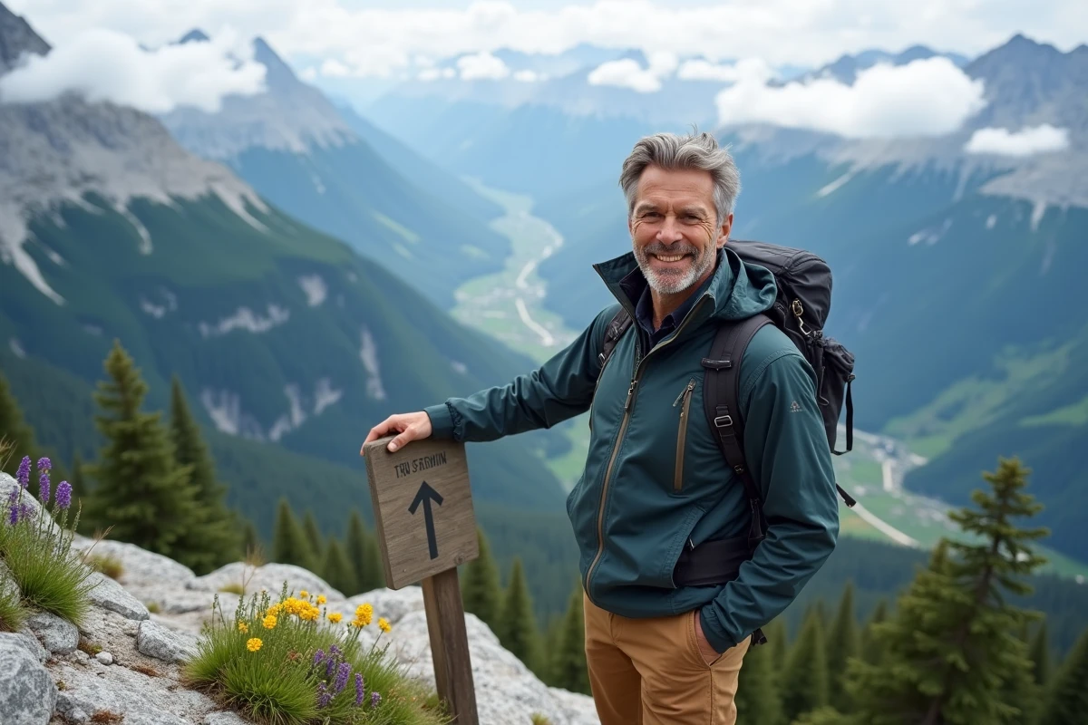 Randonneur en veste technique admirant un panorama alpin lors d'une activité de randonnée en montagne pendant ses vacances