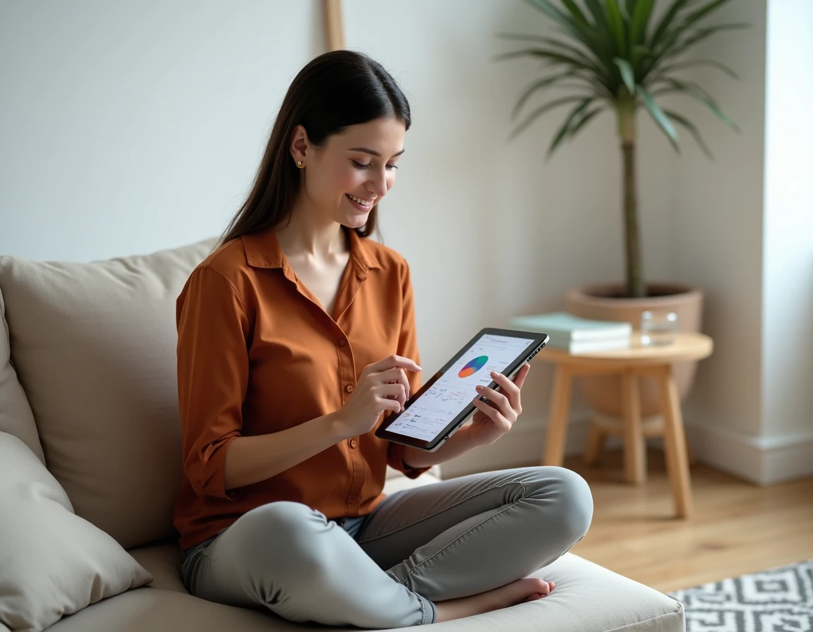 Jeune rédactrice web freelance consultant une stratégie de contenu sur tablette dans un appartement minimaliste