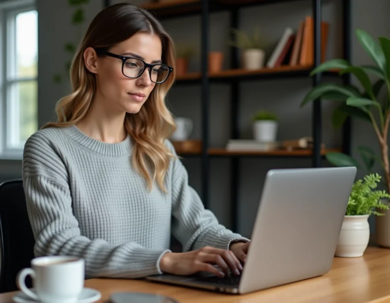 Rédactrice web professionnelle travaillant sur son ordinateur portable dans un bureau à domicile moderne