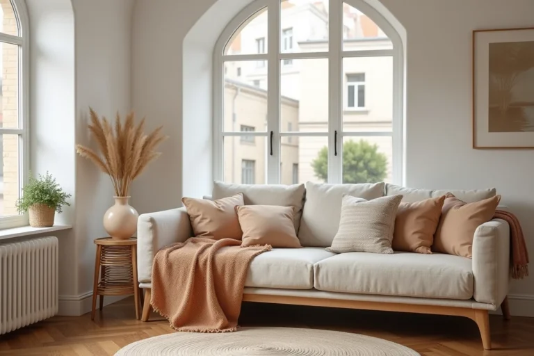 Salon scandinave moderne décoré avec des accessoires tendance CallMeSpring, canapé en lin beige, vase céramique et parquet en chêne