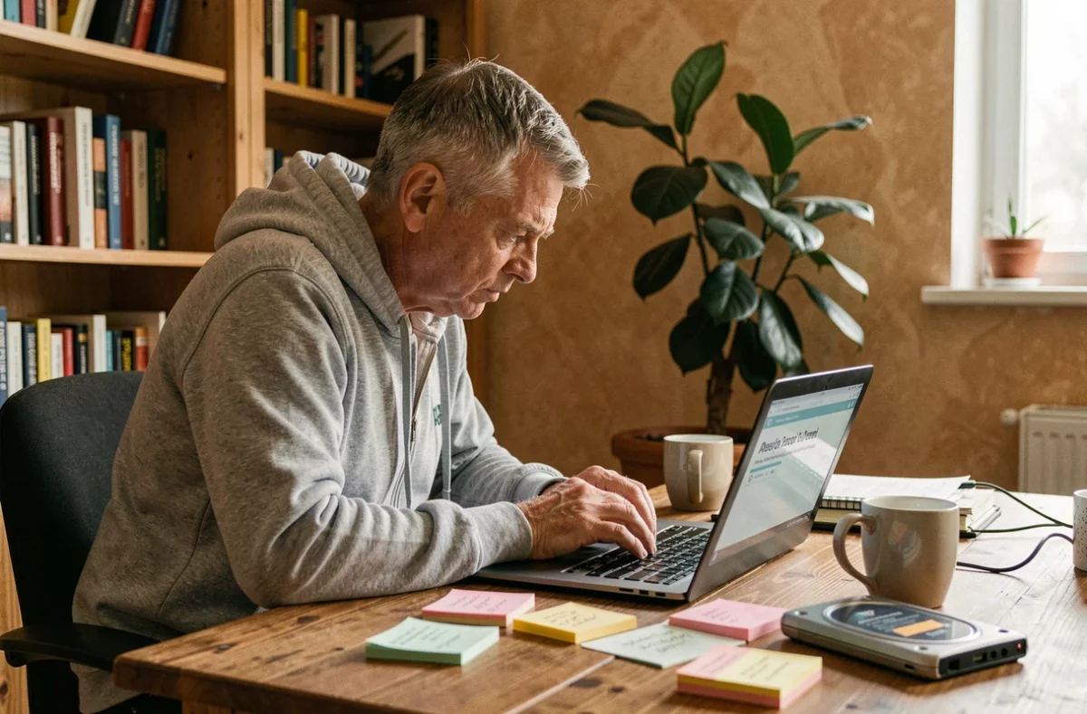 Homme en télétravail gérant une alerte de sécurité informatique sur son ordinateur portable à domicile