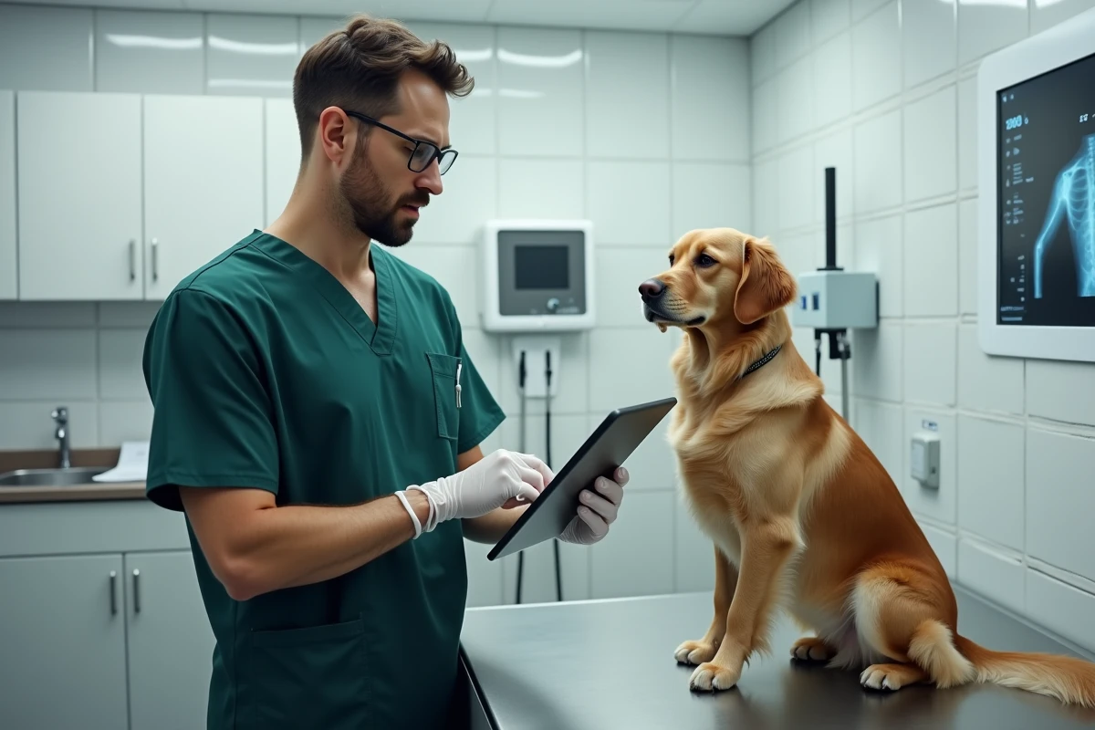 Vétérinaire enregistrant des données patient sur tablette avec GMVET 1 lors d'une consultation avec un chien