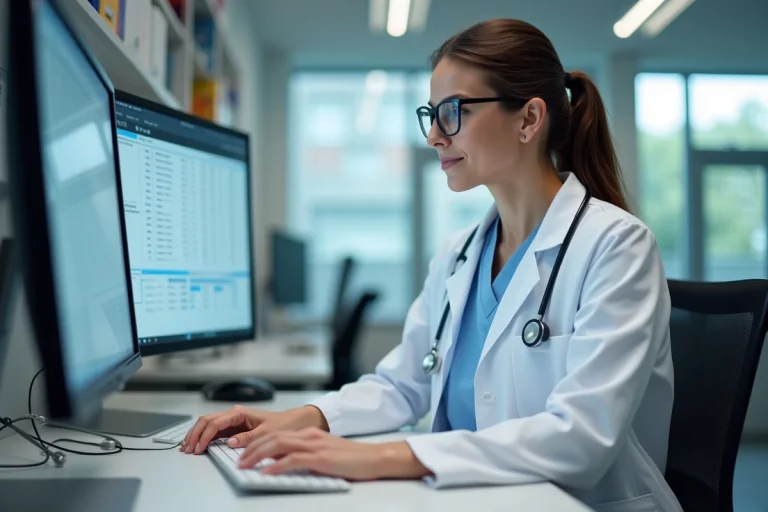Vétérinaire utilisant le logiciel GMVET 1 sur un poste informatique dans une clinique vétérinaire moderne