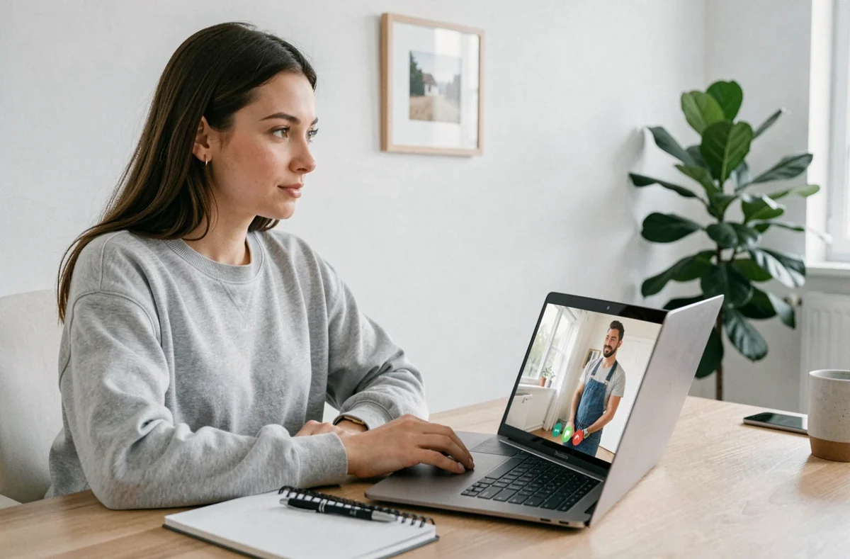 Jeune femme en téléconsultation vidéo avec un expert en rénovation depuis son bureau à domicile, carnet de notes en main