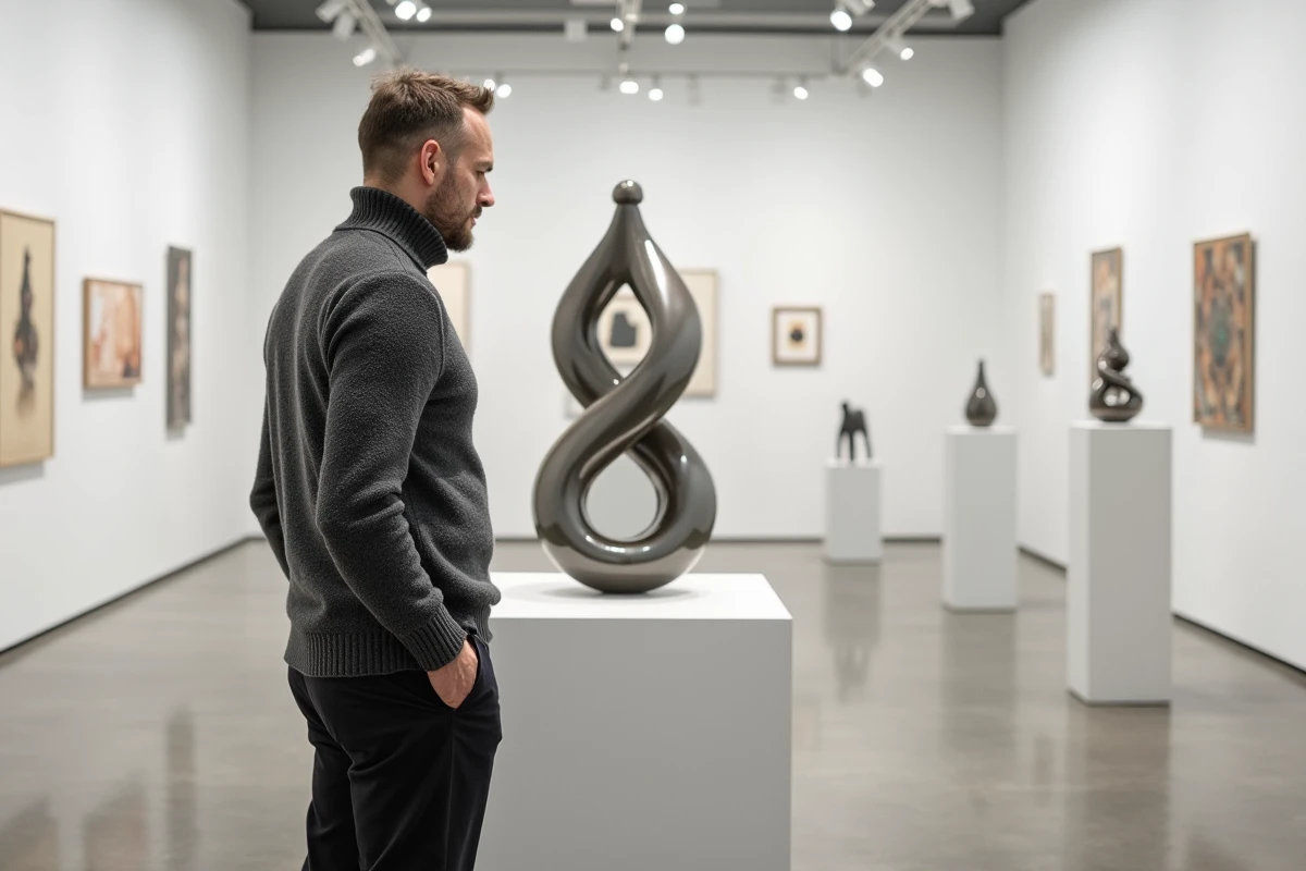 Visiteur masculin contemplant une sculpture contemporaine en métal et verre dans une galerie d'art moderne épurée