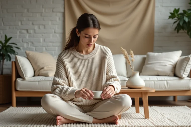 Femme détendue dans un intérieur scandinave avec vases en céramique